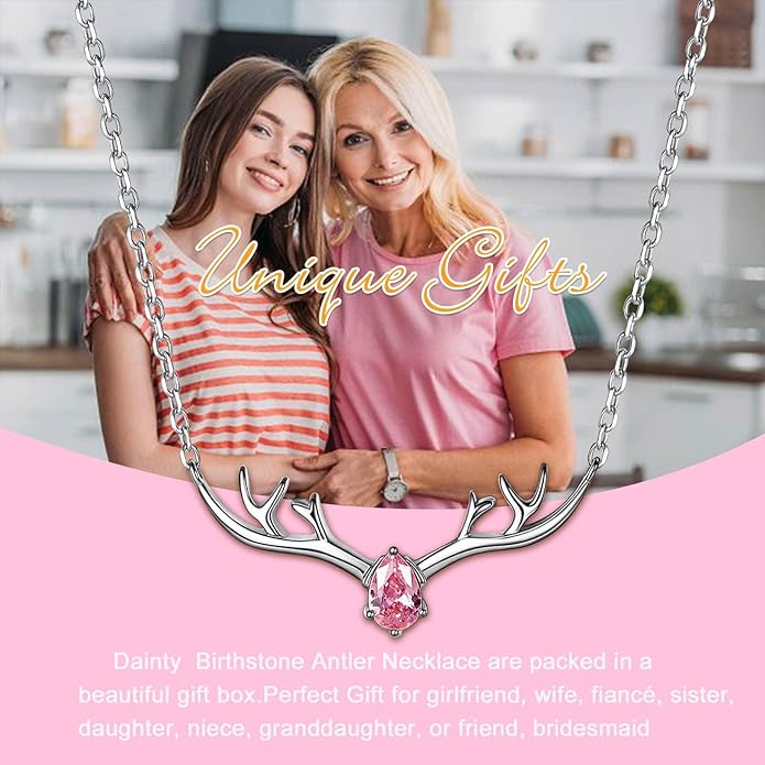 SILVERCUTE Sterling Silver Birthstone Necklaces for Women, Xmas Antler Deer Pendant Necklace with Colorful Cubic Zirconia,16-18 inches