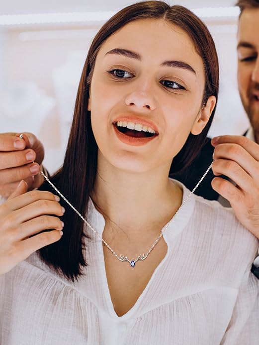 Silvora 925 Sterling Silver Deer Antler Necklace, Antler Deer Jewelry Antler Pendant Choker Birthstone Necklace Christmas Jewelry for Women