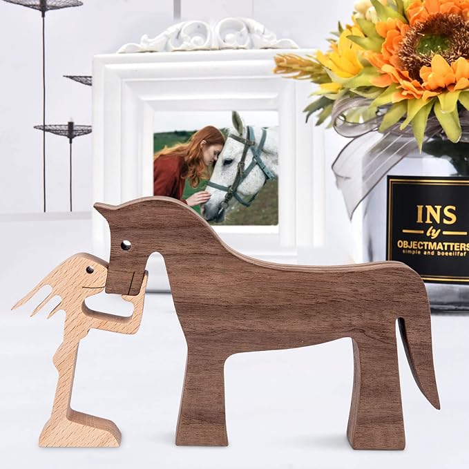 ISHINE Handmade Wooden Horse Sculptures Handmade Accents Craft Figurine for Home Decor Accents,Woman and Horse Wooden Statue,Animal Sculptures Collection,Gift for Horse Lover