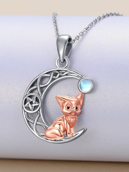 Black Cat/Dragon/Fox/Wolf Necklace 925 Sterling Silver Celtic Moon Pentagram Pendant Gothic Jewelry Goth Halloween Gifts for Women