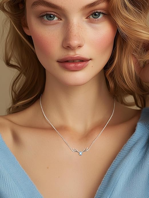 Silvora 925 Sterling Silver Deer Antler Necklace, Antler Deer Jewelry Antler Pendant Choker Birthstone Necklace Christmas Jewelry for Women