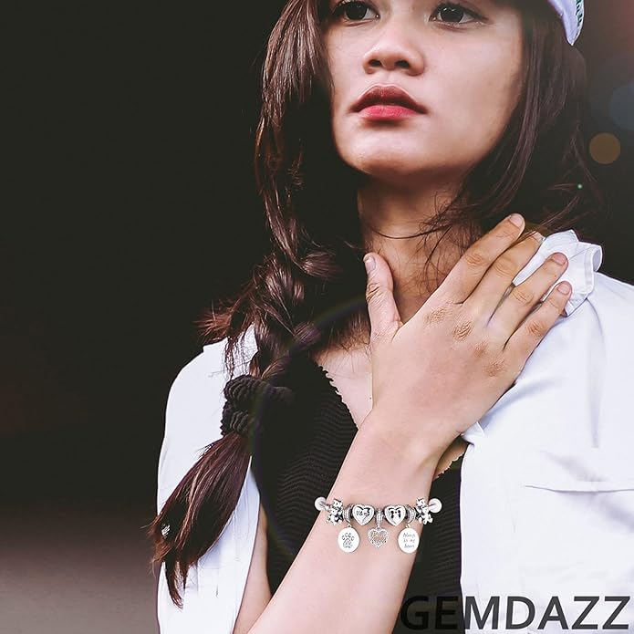 GEMDAZZ Sparkling Puppy Paw Print Charms in 925 Sterling Silver, Pave Dog Pawprint CZ Round Beads and Always in My Heart Charms, Gift for Animal Lover, fit European Women Bracelet/Necklace