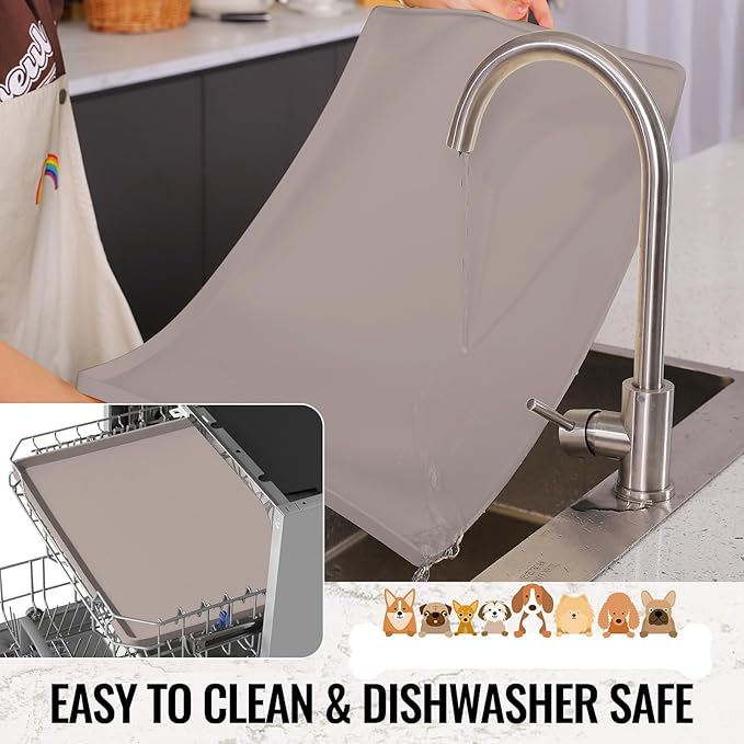 MateeyLife Dog & Cat Food Water Mat for Floors Waterproof, Nonslip Pets Bowl Feeding Mats with Raised Edges, Silicone Matt Tray for Messy Drinkers, 24"x16", Taupe