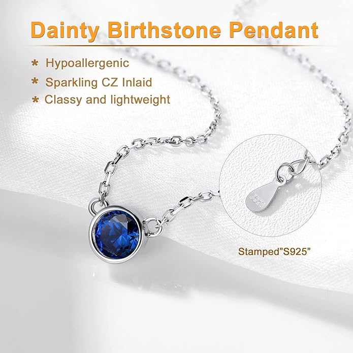 SILVERCUTE Sterling Silver Birthstone Necklace for Women,Dainty Silver Pendant Necklace with Round Cubic Zirconia,16"-18"
