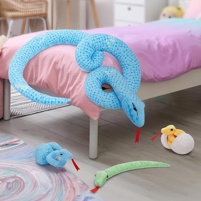 MorisMos 6 PCS Giant Snake Stuffed Animals Mommy with 3 Babies & 2 Eggs,55" Mama Stuffed Snake Toy for Kid Girl Boy,Realistic Blue Anaconda Toy,Colorful Baby Python Toys for Jungle-Themed Party Decor