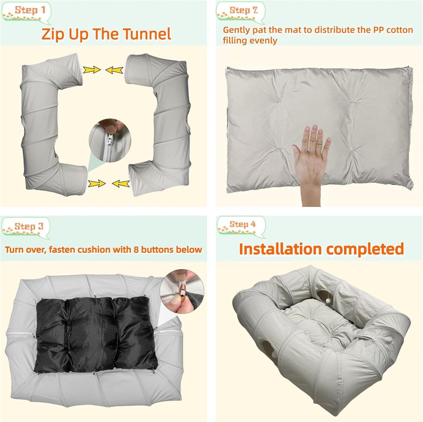 XxingSheep 4 Ways Shuttled XL Cat Tunnel Bed for Indoor Cats Peekaboo Cat Cave Donut with Cool Mat