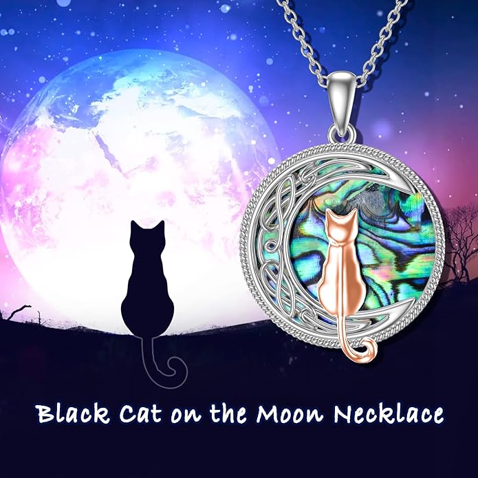 TOUPOP Cat Necklace Sterling Silver Abalone Shell Celtic Cat on the Moon with Abalone Shell Birthday Christmas Jewelry Gifts for Women