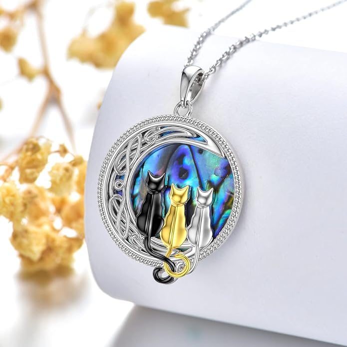 TOUPOP Cat Necklace Sterling Silver Abalone Shell Celtic Cat on the Moon with Abalone Shell Birthday Christmas Jewelry Gifts for Women