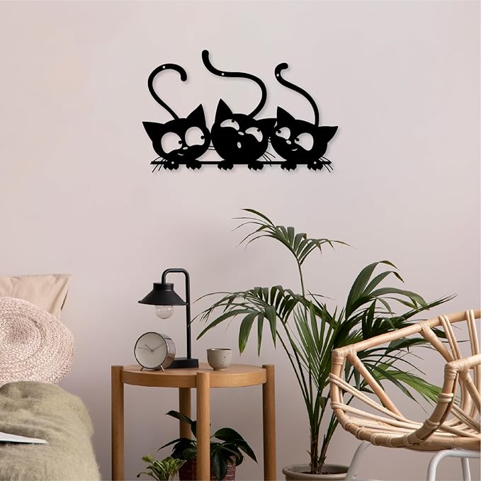 Three Black Cat Wall Art, Metal Cat Wall Decor, Black Cat Wall Sculpture for Cats Lover, Minimalist Room Living Room Patio Wall DéCor (Length: 24 Inches)