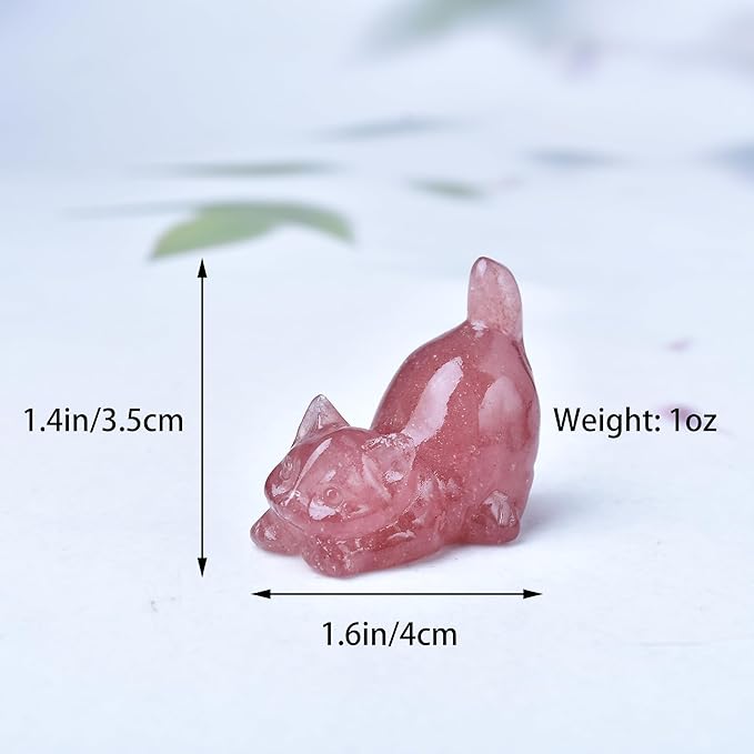 Strawberry Quartz Cat Crystal Statue Healing Crystal Reiki Meditation Pocket Gem Guardian Sculpture Home Study Table Desk Decor Collection Gift for Loved Ones