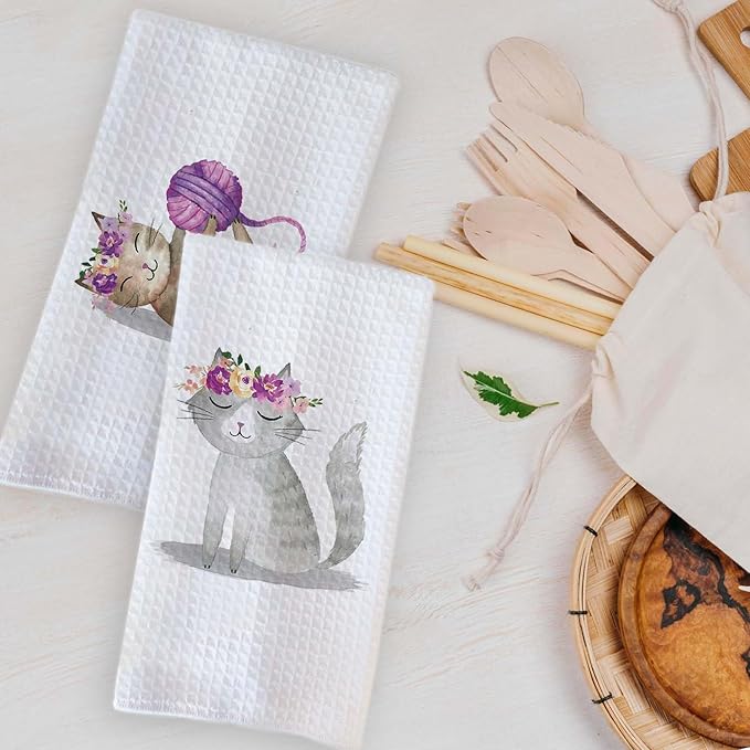 Cute Cat Kitchen Hand Towels Set of 2 Cat Lover Gifts for Women Cat Kitchen Accessories Cats Decoration for Cat Mom Cute Towels Decorative Set for Kitchen & Bathroom 16×24 Inch