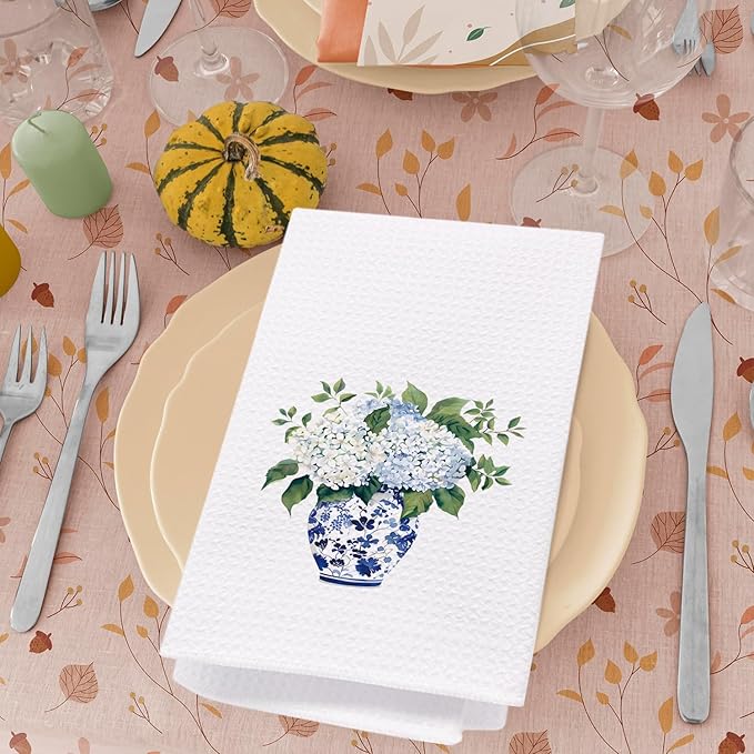 SPBL&L Blue Hydrangea Chinoiserie Kitchen Towels, White Floral Dish Towels, Hand Towels for Bathroom, Grandmillennial Decor, 16x24 Inch