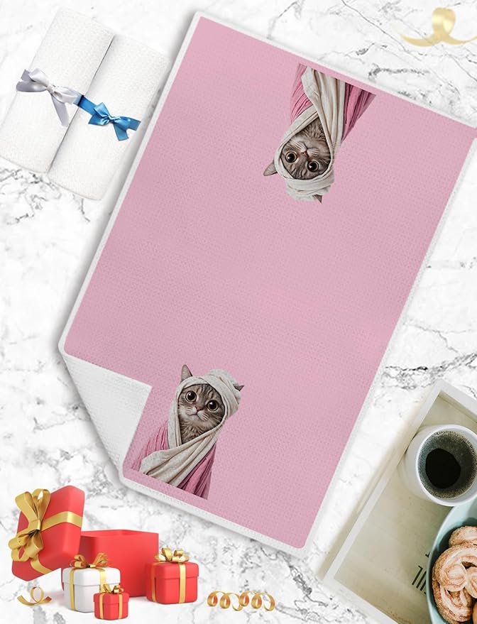 Pink Bathrobe Cat Bathroom Hand Towels, Cat Lover Mom Lady Gifts, Cute Animal Kitty Kitten Decorative Hand Towels for Bathroom, Funny Cats Kitchen Towels, 16x24 Inch