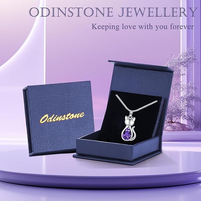 Odinstone Cat Birthstone Necklaces Jewelry Sterling Silver Cat Pendant Necklace Gift for Women Gifts, 18'' Silver Box Chain Women's Birthstone Crystal Cat Jewelry Gifts