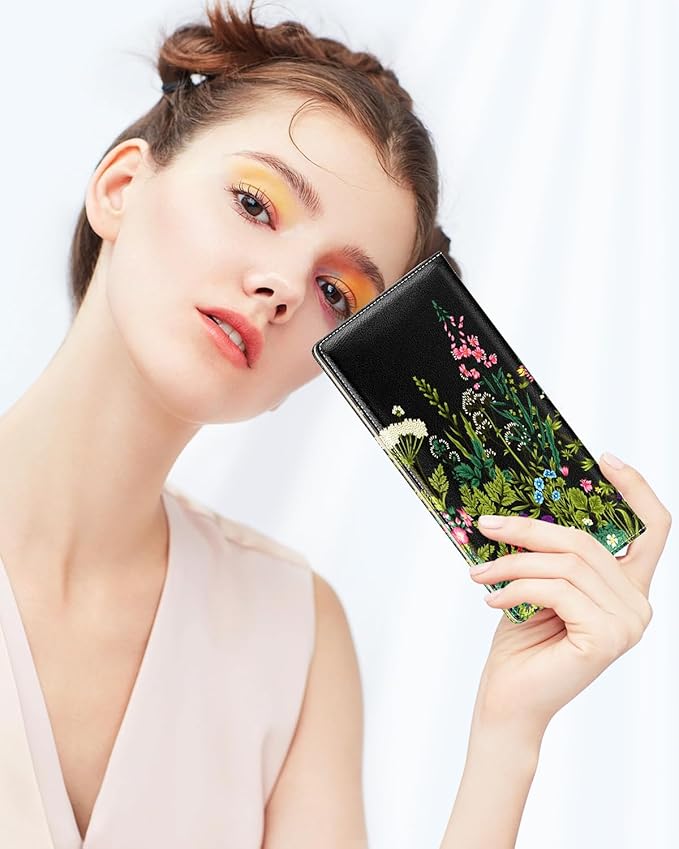 Nipichsha Womens Wallet, RFID Slim Wallets for Women, Thin Ladies Credit Card Holder Purse, Cute Leather Bifold Clutch Billfold with 11 Card Slots & ID Window, Dandelion