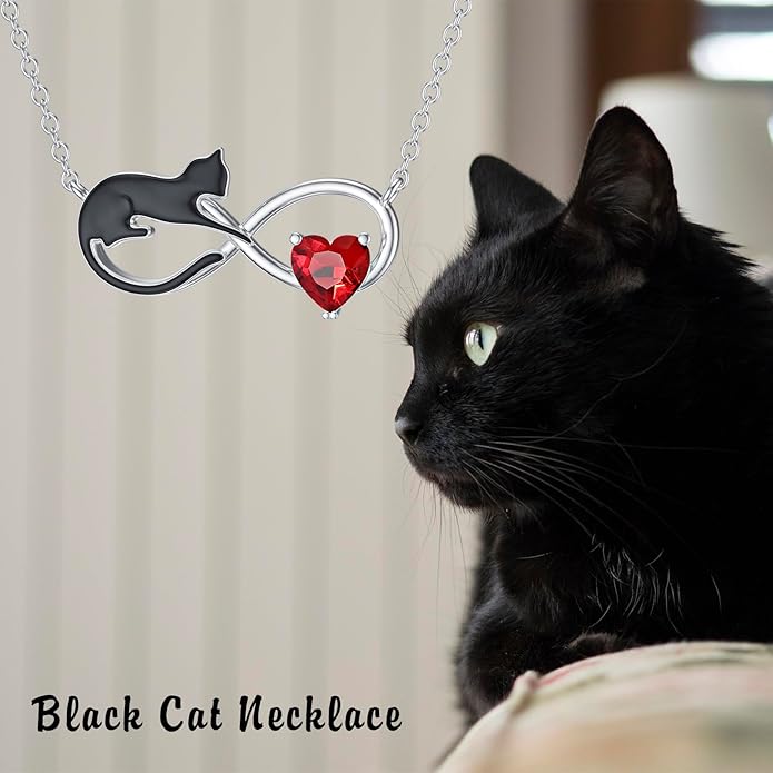 Natural Garnet Black Cat Necklace for Women 925 Sterling Silver Infinity and Cat Pendant Black Cat Jewelry Gifts for Cat Lovers