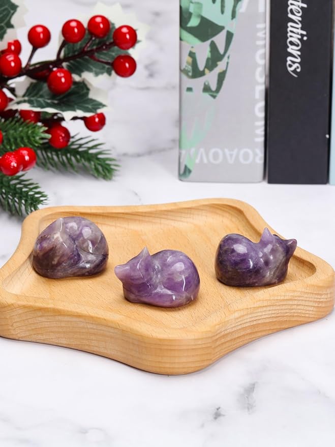 Top Plaza 1.6" Amethyst Cat Crystal Statue Cute Sleeping Cat Figurine Polished Carved Gemstones Sculpture Home Office Desk Decor Balancing Meditation Crystal Gifts for Women Cat Lover