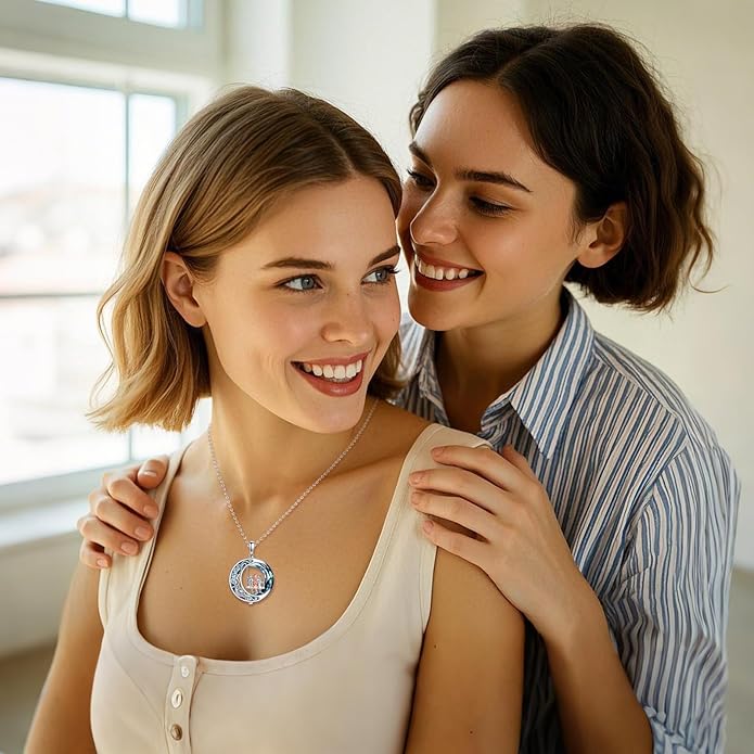 Tree of Life Necklace Sterling Silver Sister Pendant Blue Crystal Jewelry Gift for Women