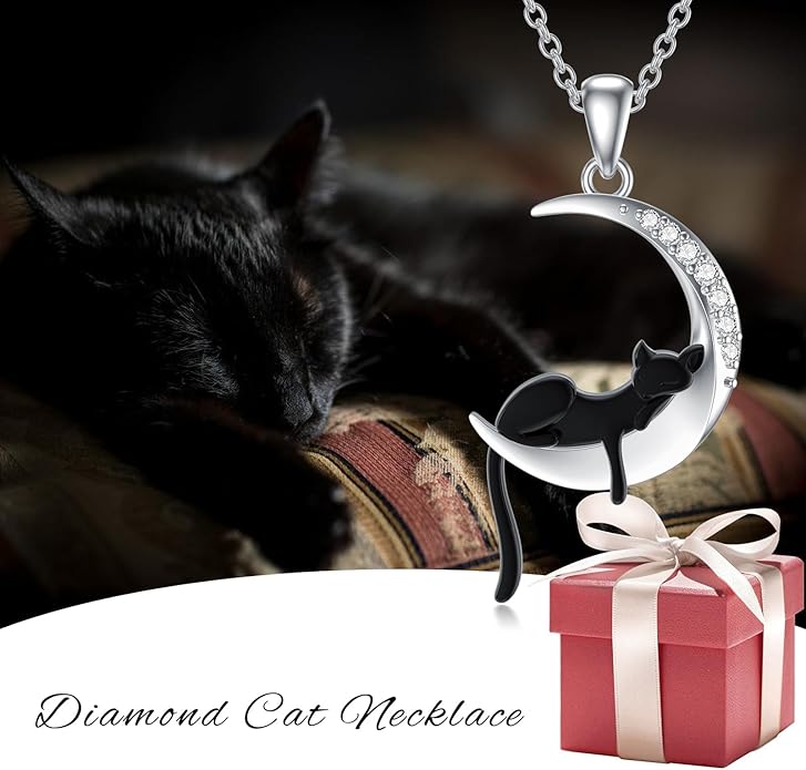 Diamond Black Cat/Red Panda/Sloth/Deer/Unicorn Necklace for Women 925 Sterling Silver Sleeping Animal and Moon Pendant with Lab Grown Diamonds Jewelry Gifts