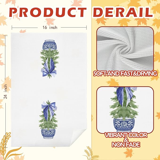 Chinoiserie Christmas Tree Hand Towels, Blue and White Porcelain - 16x24 Inch, Bathroom and Kitchen Decor