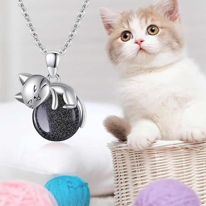 Natural Gemstone Cat Necklace for Women 925 Sterling Silver Cute Kitten Pendant with Genuine Turquoise/Rose Quartz/Amethyst/Larimar/Labradorite/Moss Agate/Blue Sandstone Jewelry Gifts