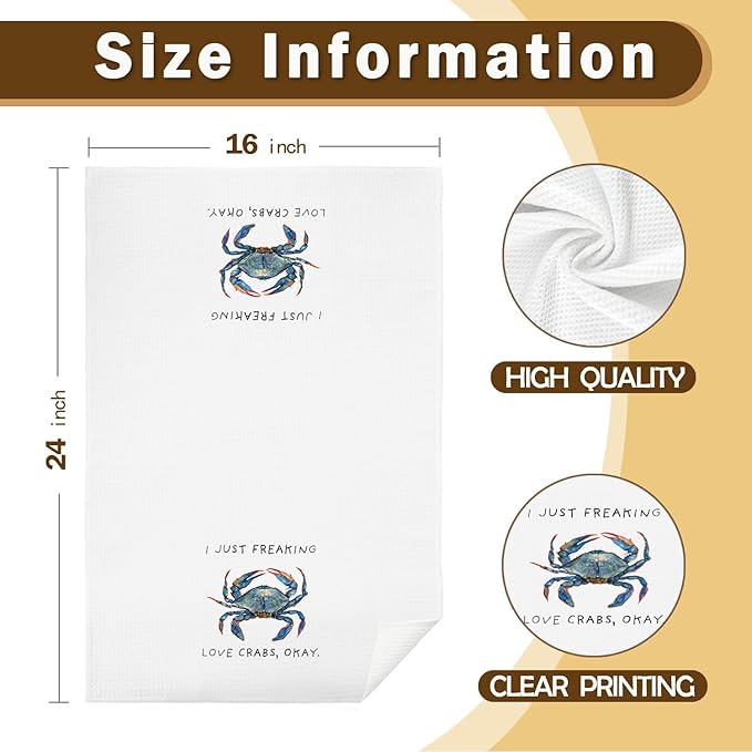Crab Lover Gifts Kitchen Towels, I Just Freaking Love Crabs Decorative Dish Tea Towels for Kitchen, Coastal Beach Nautical Hand Towels for Bathroom, 16x24 Inch