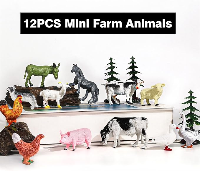SIENON 12Pcs Mini Farm Animal Figurines, Plastic Realistic Cattle Barn Figures Toys, Miniature Farm Cake Topper Educational Learning Playset for Kids Toddlers