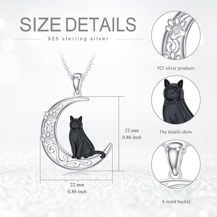 Diamond Black Cat Necklace for Women 925 Sterling Silver Cat on Moon Necklace Pendant Black Cat Jewelry Gifts for Women Mom Wife Girlfriend Daughter Girls