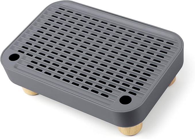 Cat Litter Box Step Ramp, Cat Litter Catcher Mat with Wooden Feet, Filter Function, Cat Pedal Stool for Self-Cleaning Cat Litter Box, Ideal for Kitten & Elderly Cats (Dark Grey)