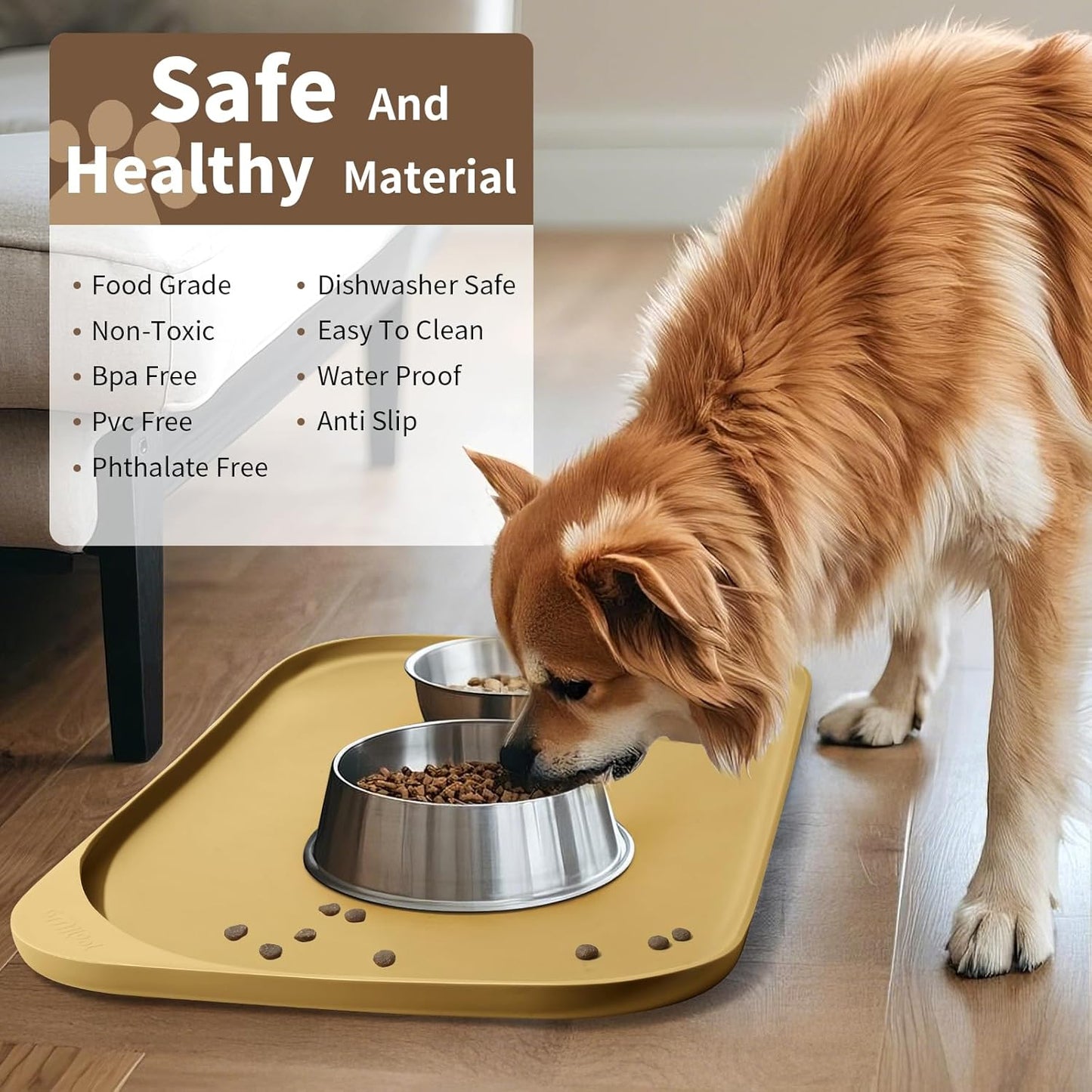 Silicone Pet Feeding Mat with Raised Edge & Residue Collection Pocket for Food and Water, Dog Bowl Mats, Cat Bowls Placemat with High Lip for Floor Waterproof, 24 x 16 x 0.8 Beige