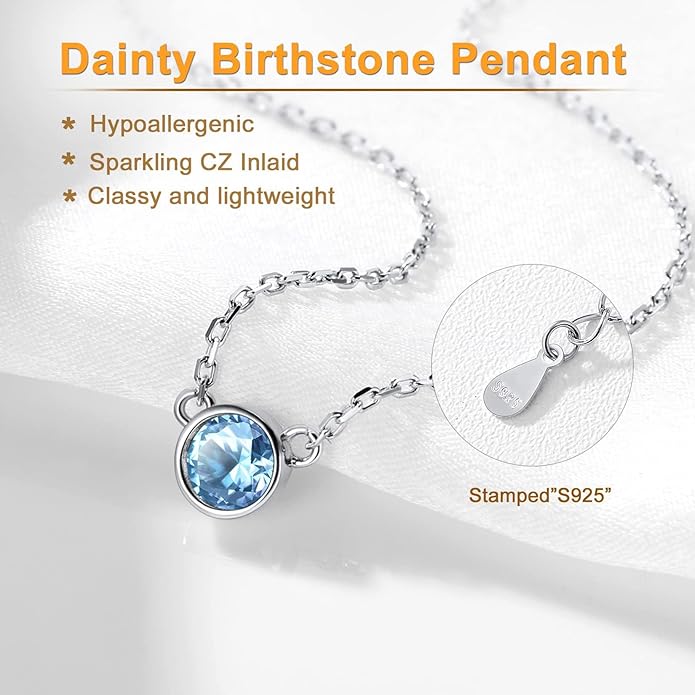 SILVERCUTE Sterling Silver Birthstone Necklace for Women,Dainty Silver Pendant Necklace with Round Cubic Zirconia,16"-18"