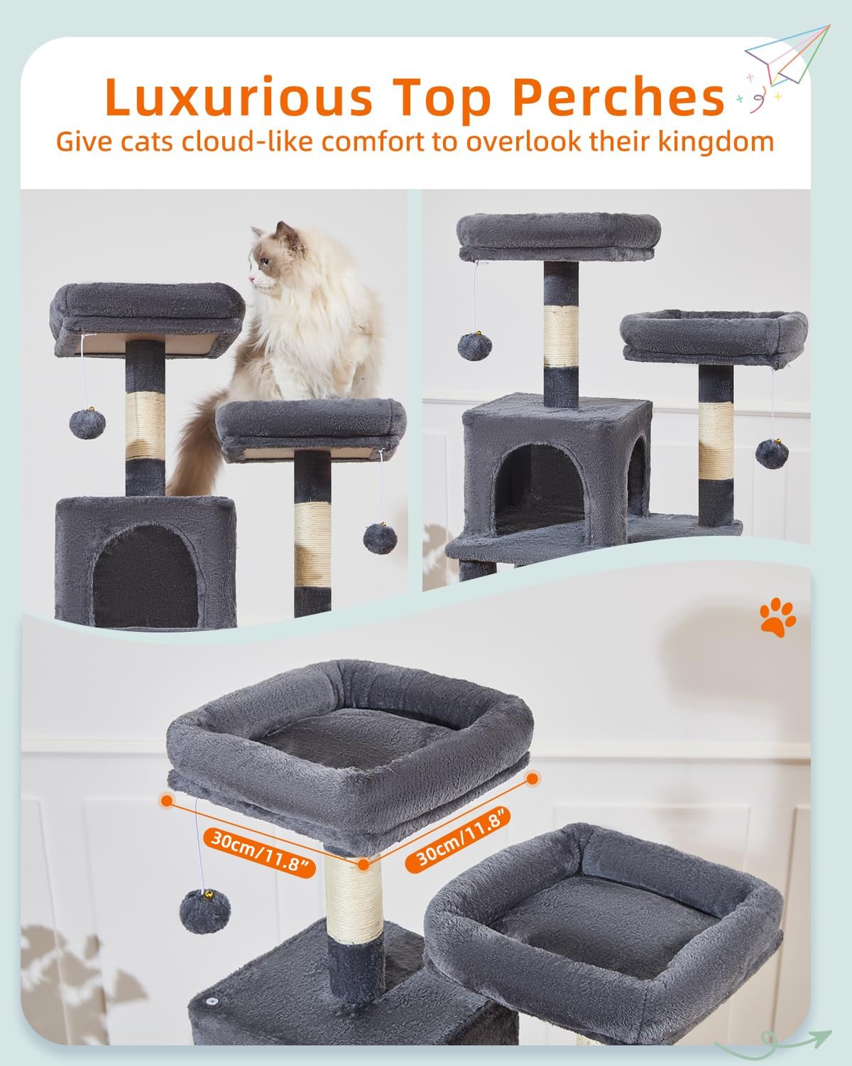 Taoqimiao Cat Tree, 68-Inch Cat Tree Cat Tower for Indoor Cats, Plush Multi-Level Cat Condo with 6 Scratching Posts, 2 Perches, 2 Caves,Hammock, 3 Pompoms,MS020SG Smoky Gray