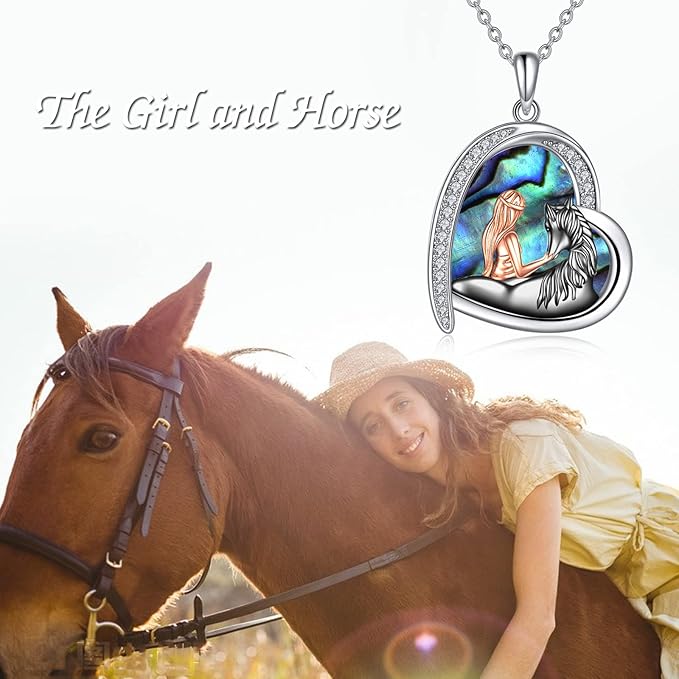 Sterling Silver Horse Necklace for Women - Abalone Love Heart With Black Pendant - Christmas Jewelry Gifts for Horse Lovers