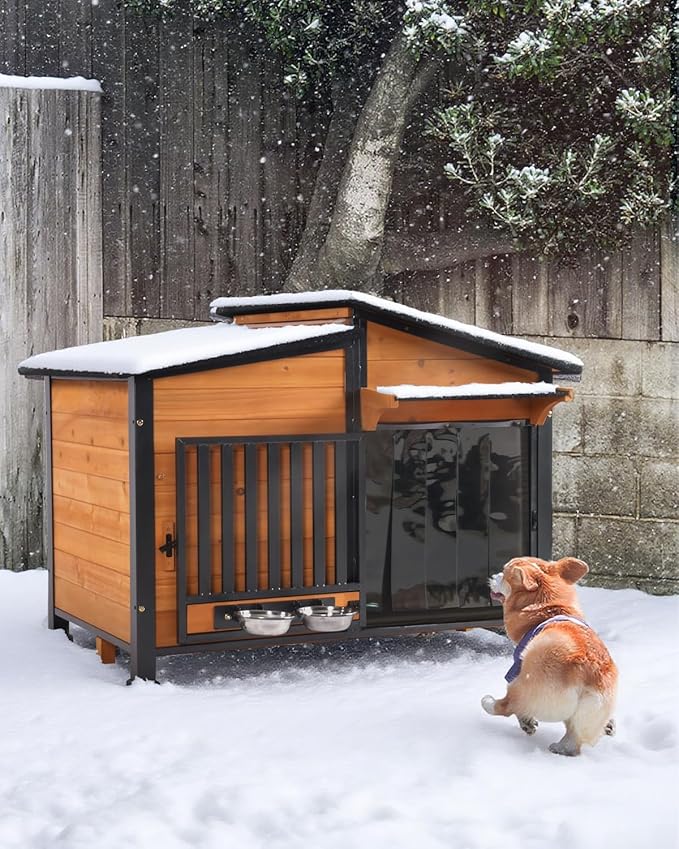 Heated Dog House Outdoor with Bowls Weatherproof Dog Kennel with Heating Pad Anti-Chewing Iron Frame Dog Shelter for Small Medium Dogs(Wooden Brown)