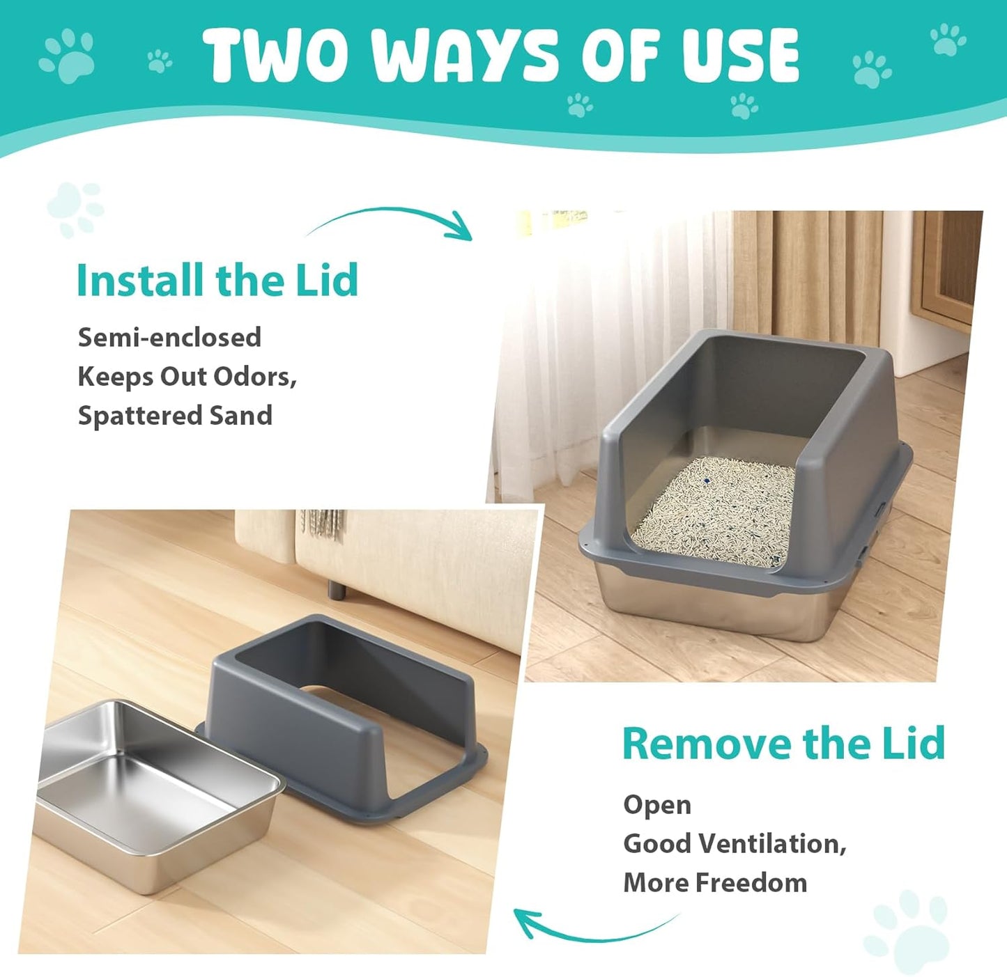 Litter Box with Lid, Stainless Steel Litter Box, 10" Metal Litter Tray High Sides, Small Litter Pan for Kittens, Enclosed Cat Litter Pan, Non-Sticky Covered Grey, Easy Clean