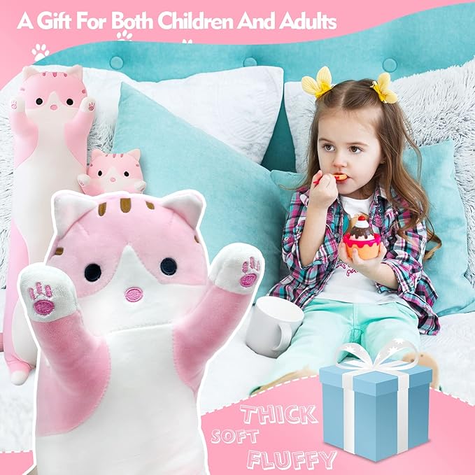 Long Cat Plush Pillow, 51.1in Cute Pink Cat Plushie Stuffed Animals Body Pillow, Kawaii Kitten Soft Plushie Doll Toy Birthday Gift for Kids Girlfriend