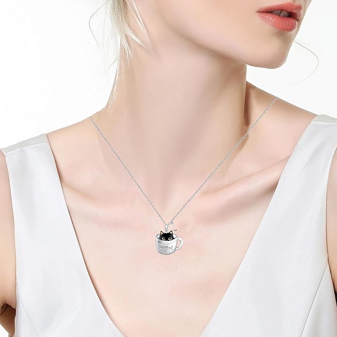 Black Cat and Moon Silver Pendant Necklace for Women - Cat Lover Jewelry Gift for Birthday Party