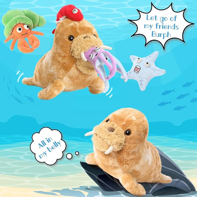 MorisMos 5Pcs Walrus Stuffed Animal Set,18'' Big Walrus Plush Toy with Crab,Lobster,Squid,Starfish Plushies,Bulk Marine Animal Gifts for Kid Girl Boy Ocean Lover Sea Animal for Birthday Christmas