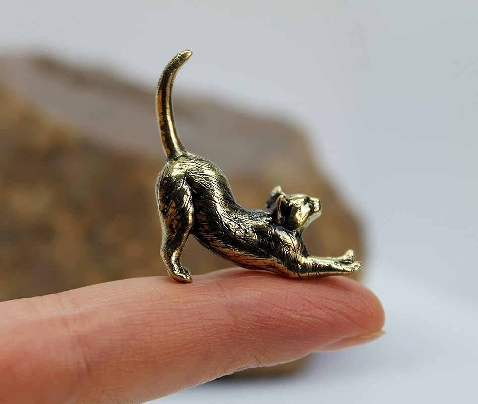 Stretching Cat Figurine Hand-Casted in Brass Small Kitten Miniature Collectible Gift for Cat Lovers Tiny Metal Decorative Trinket