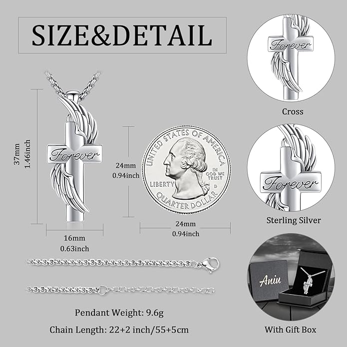 Aniu Cremation Jewelry for Ashes S925 Sterling Silver Urn Necklace Memorial Necklace for Human Ashes of Loved Ones Keepsake Pendant for Men Women