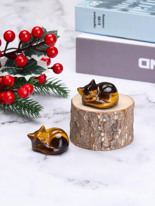 Top Plaza 1.6" Tiger Eye Stone Cat Crystal Statue Cute Sleeping Cat Figurine Polished Carved Gemstones Sculpture Home Office Desk Decor Balancing Meditation Crystal Gifts for Women Cats Lover