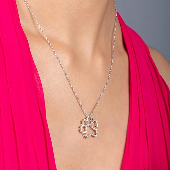 Jewelili Sterling Silver or Yellow Gold Plated Sterling Silver Dog Paw Pendant Necklace for Women | Treated Black or Natural White Round Diamonds | 18" Rolo Chain | Luxury Jewelry Gift for Her | Gift Box Included