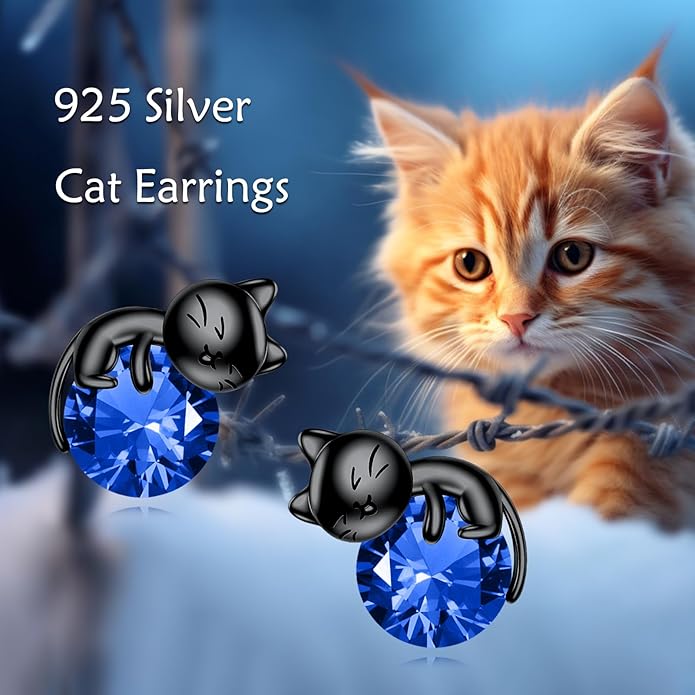 Sterling Silver Birthstone Black Cat Stud Earrings - Cat Birthstone Earrings for Women's Birthday Gift