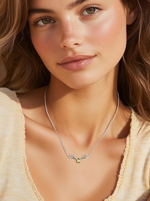 Silvora 925 Sterling Silver Deer Antler Necklace, Antler Deer Jewelry Antler Pendant Choker Birthstone Necklace Christmas Jewelry for Women