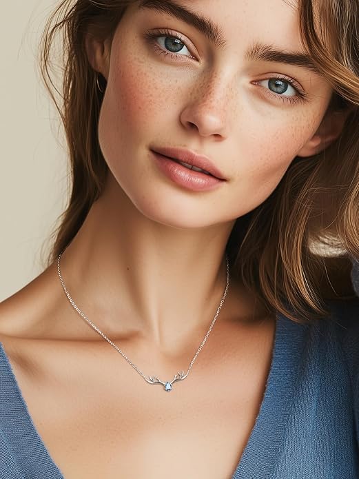 Silvora 925 Sterling Silver Deer Antler Necklace, Antler Deer Jewelry Antler Pendant Choker Birthstone Necklace Christmas Jewelry for Women
