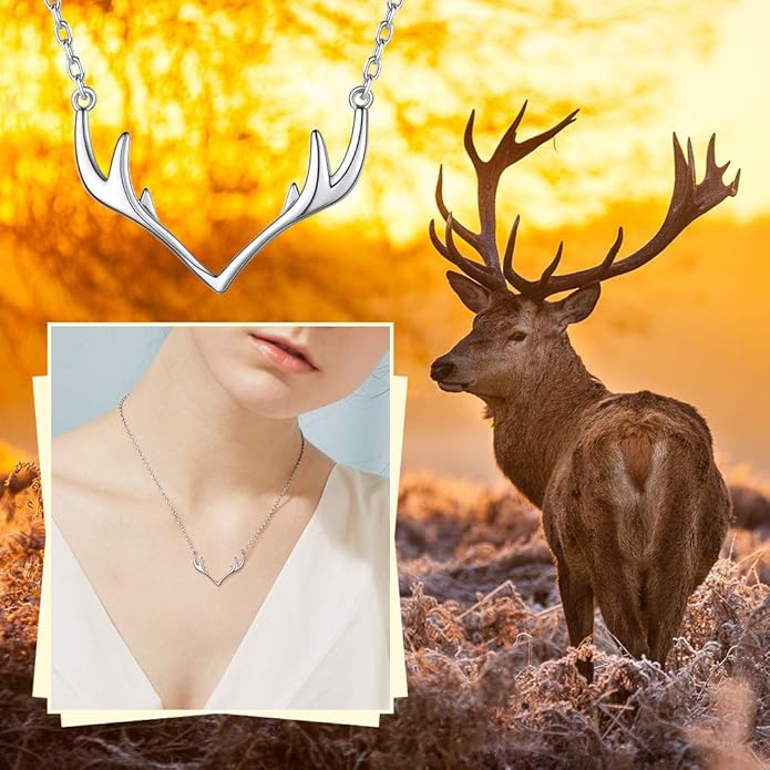 Silvora 925 Sterling Silver Deer Antler Necklace, Antler Deer Jewelry Antler Pendant Choker Birthstone Necklace Christmas Jewelry for Women