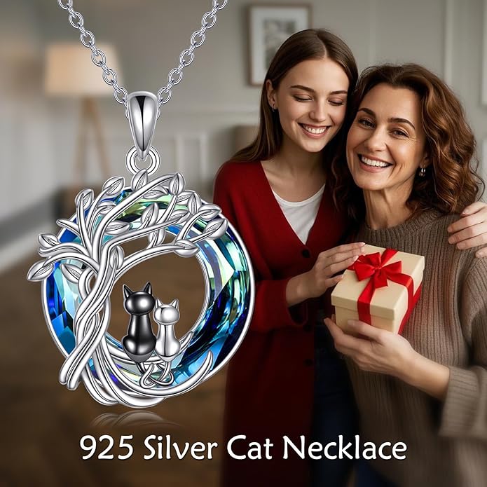Tree of Life Necklace Sterling Silver Sister Pendant Blue Crystal Jewelry Gift for Women