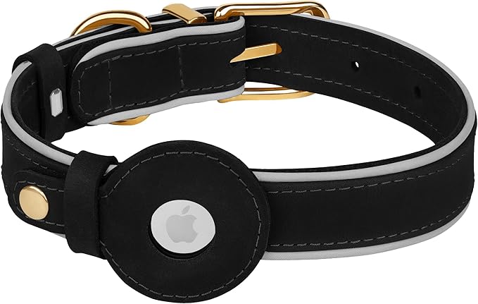 OOPSDOGGY Reflective Geniune Leather Airtag Dog Collar Soft Padded Collars for Small Medium Large Breed Dogs Puppy, 4 Sizes, 7 Colors (Black, Small, 9"-12")
