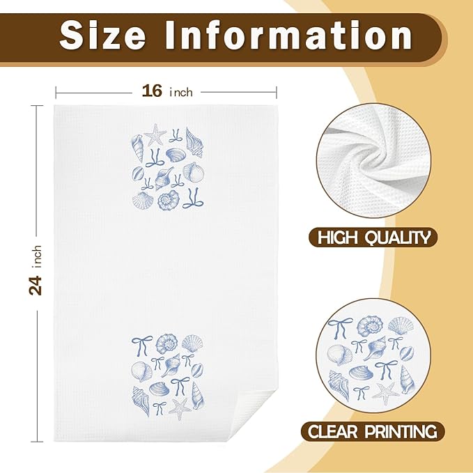 Coquette Blue Bow Seashell Beach Kitchen Towels, Preppy Blue Beach Hand Towels for Bathroom, Coastal Nautical Beachy Decorative Dish Tea Towels for Kitchen, 16x24 Inch