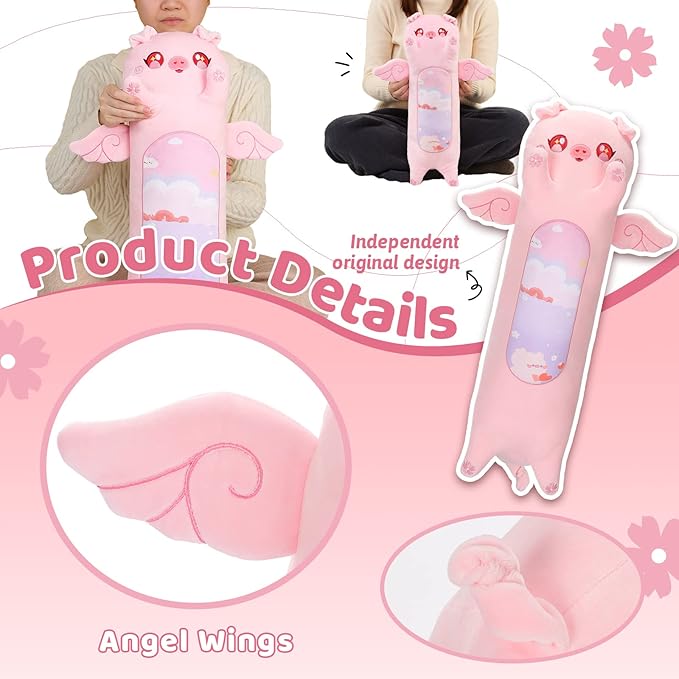 AIXINI Long Pig Plush Pillow Cute Angel Pink Pig Stuffed Animals, Soft Kawaii Piggy Plushies Pillow Toy for Kids (Angel Pig,27.5inch)